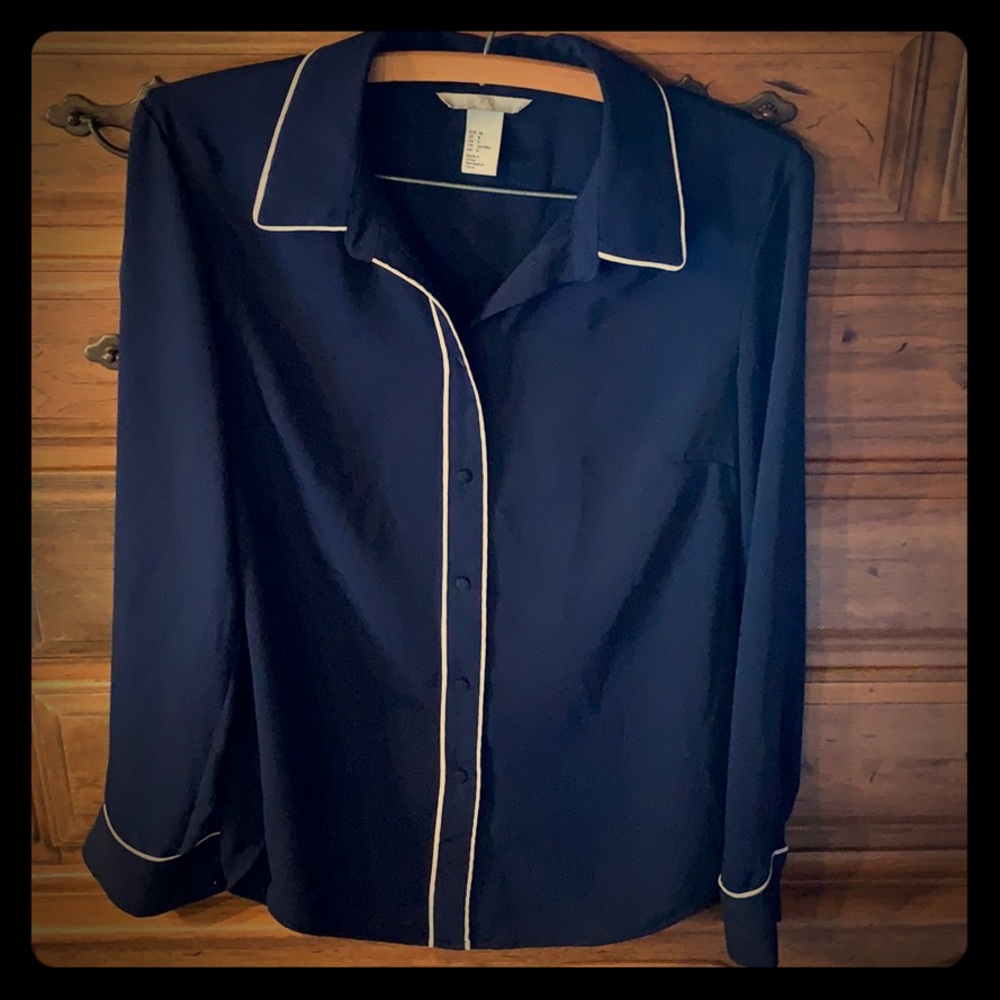 H&M Navy Button Up Blouse with White Striping